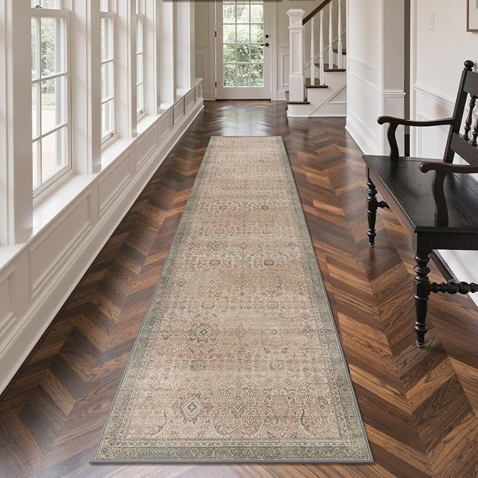 GENIMO 2x10 Runner Rugs for Hallway, Machine Washable Non Slip Vintage Rugs, Low Pile Lightweight Soft Print Rug for enrtyway, Corridor, Home Office, Kitchen, Oatmeal Beige
