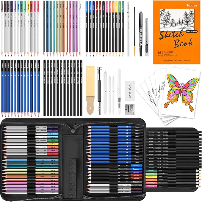 Taotree 81 Pack Art Supplies for Adults Artists Gifts, Pro Art Kit Drawing Pencils Set, Drawing Supplies Sketching Kit Sketch Book, Colored Graphite, Watercolor, Metallic, Charcoal Pencils Sketch Set