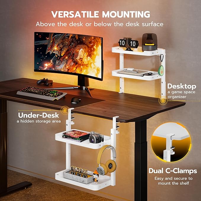 ARES WING 2-Tier Clamp On Desk Shelf, 16 inch Adjustable Above or Under Desk Storage Shelves Holds 44 lbs, Heavy Duty Desktop Organizer with Headphone Holder for Working and Gaming Accessories, White