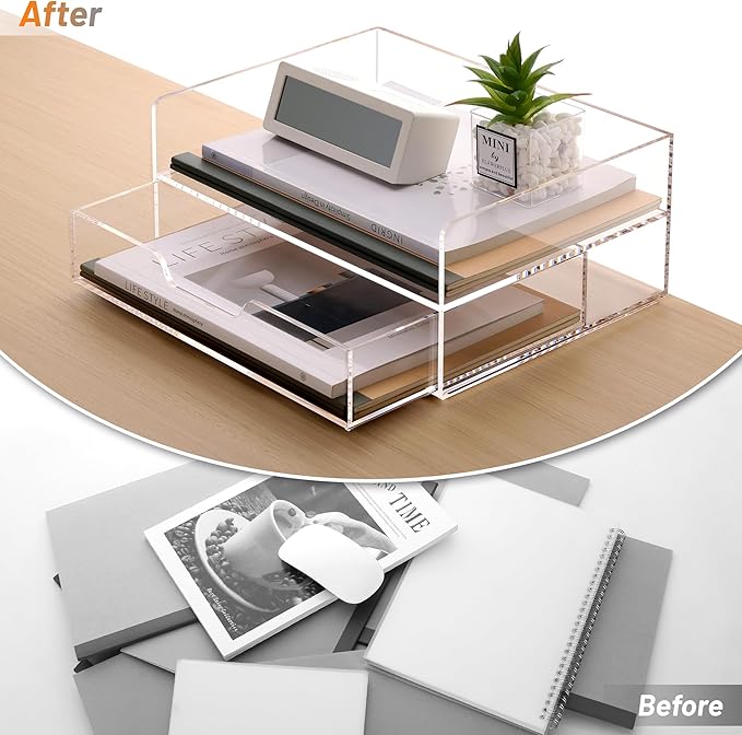 SANRUI 2-Tier Paper Letter Tray Organizer with Sliding Drawer,Stackable Desk Organizer,Acrylic Paper Tray for Office,Home or School,Clear