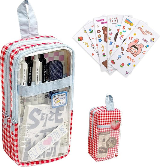 UINSUE Cute Pen case Adorable Bunny Transparent 3-Layer Large Capacity Pencil Case Gadget organizer with Lovely Stickers (Red Plaid)