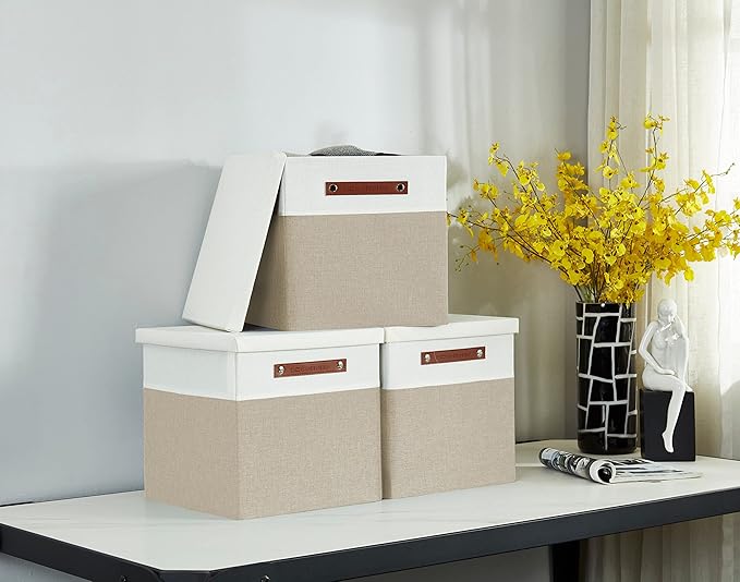 DECOMOMO Storage Basket with Lid, Storage Cubes with Handles, Fabric Box with Lid (Beige and White, 11” / 3 Pack)