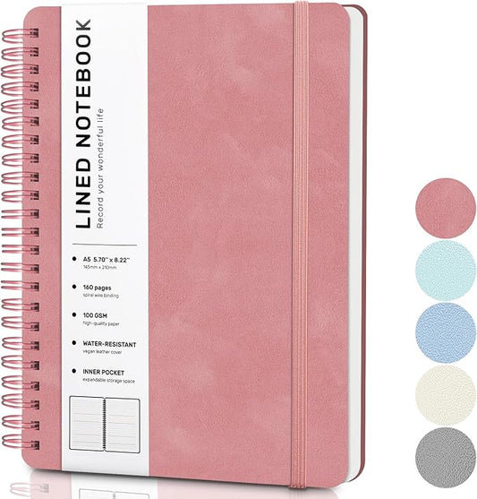 Light Red Lined Spiral Journal Notebook with 160 Pages, 8×5.7in, A5 Spiral Notebook, Journaling Notebooks for Work, School, Women, Men, College Ruled Spiral Notebook, Hardcover Leather Journals