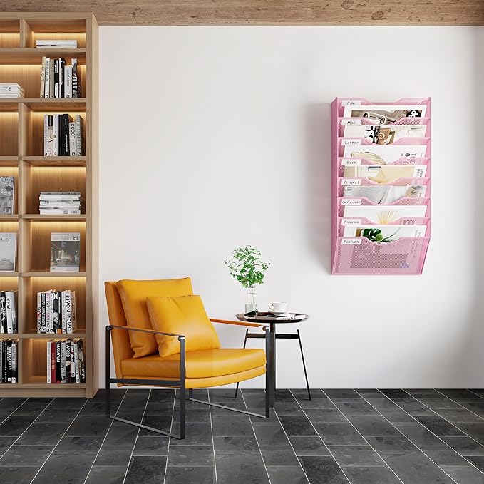 EasyPAG 8 Pocket Mesh Wall File Organizer, Hanging Paper Folder Holder with Classify Label, Vertical Wall Mount Mail Organizer for Office Home Classroom, Pink
