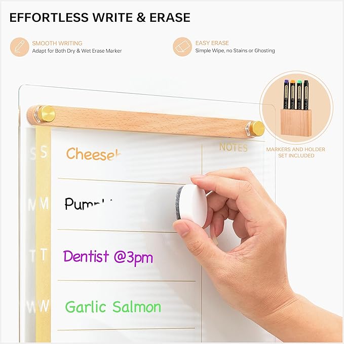 Clear Gold Glass Weekly Dry Erase Calendar Whiteboard with Wood Decoration for Wall, Menu & Meal Planner White Board for Home Kitchen, 15x11, Wood Marker Holder and 4 Markers Included, Yeoux