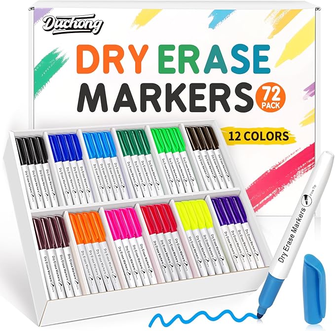 Duchong 72 Count Dry Erase Markers Bulk, 12 Assorted Colors, Fine Tip Whiteboard Markers for Kids Teachers, Dry Erase Pens Bulk Pack for Classroom Home, Back to School Supplies