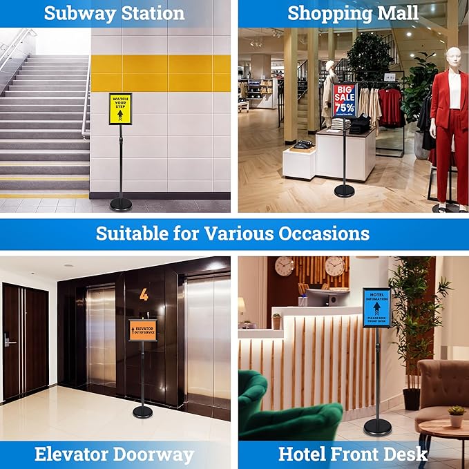 Banzoni Standing Sign Holder | Adjustable Pedestal Signage Stand for 8.5x11 Posters | Heavy Duty Floor Display Stand with Non-Slip Weighted Base | Vertical and Horizontal View Menu Stand for Business