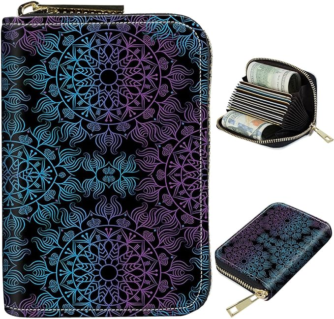 BWEGRHE Cute Credit Card Holder with Zipper, Purple Blue Mandala RFID-Blocking Card Case Small Wallet for Women Men, Multi-slot Card Organizer Case Travel Accordion Wallet