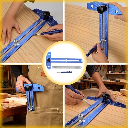 GRENPRO Woodworking Scriber Marking Line Ruler with Carpenter Pencil & Metal Ruler, Adjustable Aluminum Alloy Sliding T-Square Ruler, Measuring Angle Finder with Adjustment Scale,Drawing Aid Rule tool