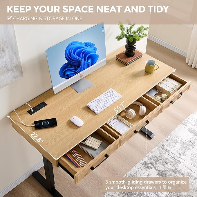 wow97e Electric Standing Desk with 3 Storage Drawers, 55x22 Inch Adjustable Height Office Computer Desk w/One-Piece Desktop & Power Outlets,Sit to Stand Up,Gaming Table for Study and Home, Natural Oak