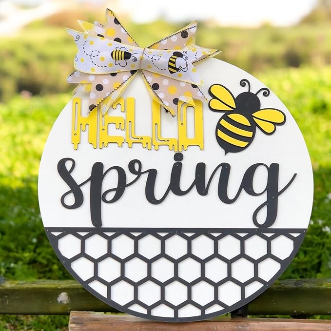Wood front door sign Wood sign Home decor Welcome sign Sign for front door House warming gift Wedding gift (Spring Bee-UV010(NC) P002, 11" Width)