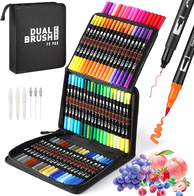 Mzh Art Coloring Pens,72 Dual Tip Brush Markers with Fineliner & Brush Felt Tip Pens Set, Art Watercolour Marker with Case for Adults Kids Colouring Calligraphy Drawing Sketching