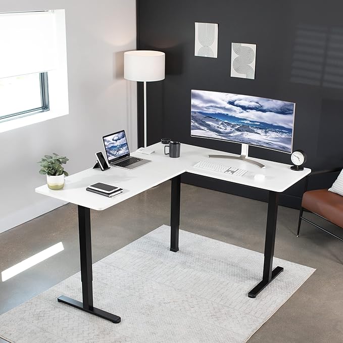 VIVO Electric Corner 63 x 55 inch L-Shaped Standing Desk, Memory Height Adjustment, White Top Black Frame, DESK-E3CTBW