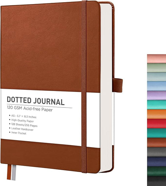 RETTACY Bullet Dotted Journal Notebook, 256 Pages, A5 Medium Size (5.7'' × 8.3''), Leather Hardcover, 120 GSM Thick Paper, for Bullet Journaling, Planning, Tracking (Brown)