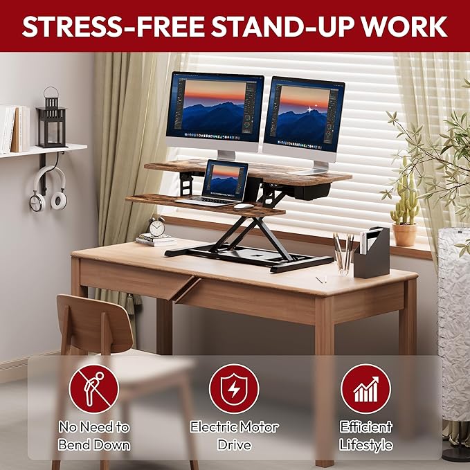 SANODESK Standing Desk Converter with Electric Motor 35" Height Adjustable Desk Riser for Office Home,Monitor and Laptop Workstation with Large Keyboard Tray, Rustic Color