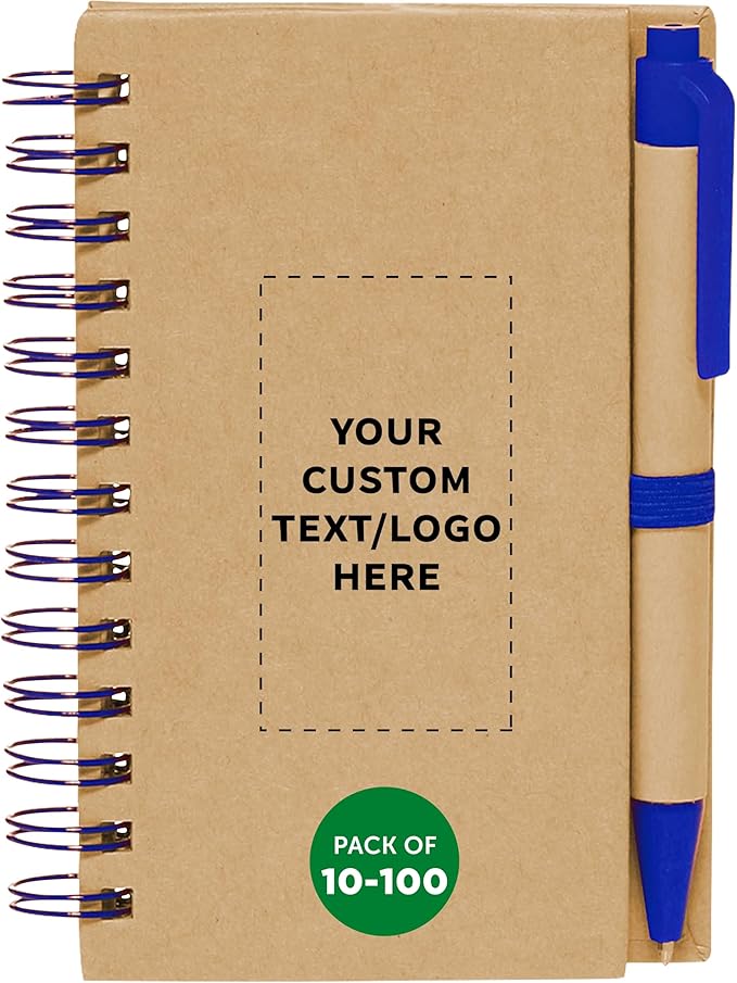 Custom Mini Spiral Notebooks with Black Ink Pens Set of 10/50/100, Personalized Bulk Pack - Perfect for School, Office, Business, Home - Blue