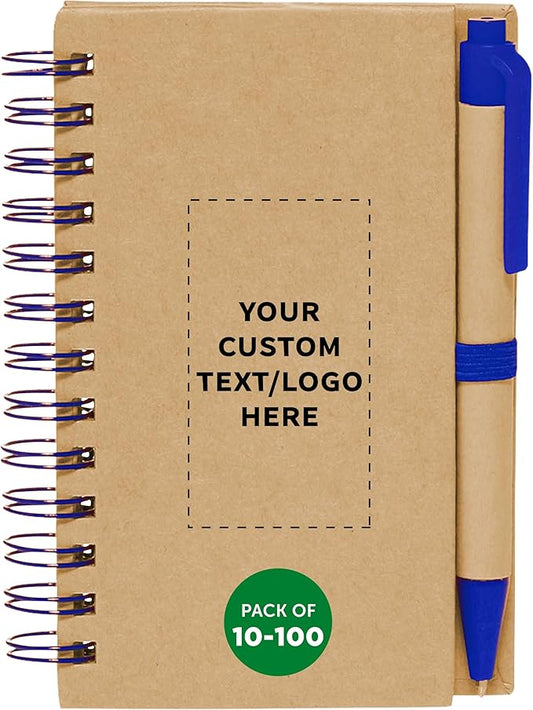Custom Mini Spiral Notebooks with Black Ink Pens Set of 10/50/100, Personalized Bulk Pack - Perfect for School, Office, Business, Home - Blue
