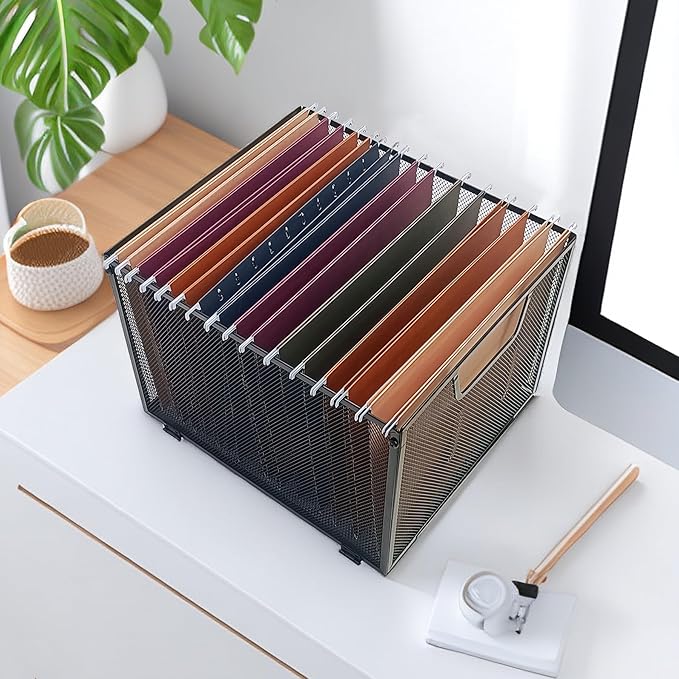 SREGGSIY Metal Mesh Hanging File Organizer, Office/School/Home File Crate,13.8 x 12 x 10 inches,Black