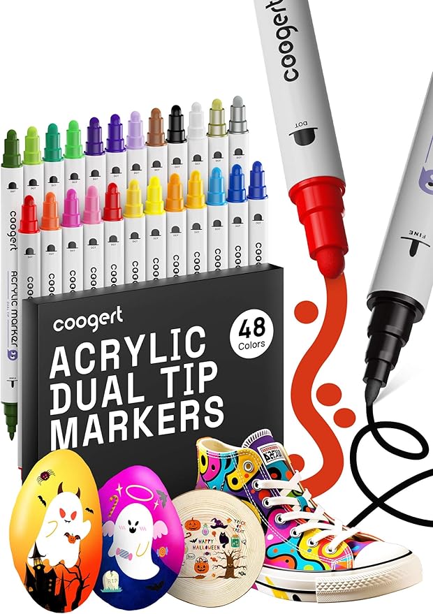 Coogert 48 Colors Dual Tip Acrylic Paint Markers,Fine Tip and Dot Tip Acrylic Paint Pens For Rock Painting, Canvas, Wood, Glass, Ceramic, Fabric, Plastic, Egg, Art Painting Supplies Kit