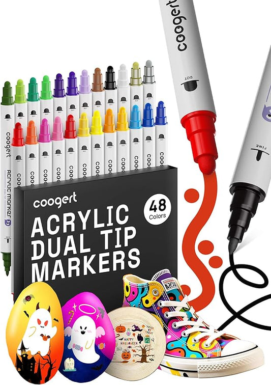 Coogert 48 Colors Dual Tip Acrylic Paint Markers,Fine Tip and Dot Tip Acrylic Paint Pens For Rock Painting, Canvas, Wood, Glass, Ceramic, Fabric, Plastic, Egg, Art Painting Supplies Kit