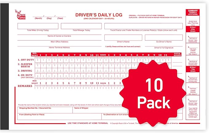 10 Pack Driver Daily Log Books for Truck Drivers with 7 & 8 Day Recap - 35 Sets of Forms Per Log Book, 2-Ply Carbonless, 5.5" x 8.5", DOT Log Book for Truck Drivers, FMCSA Compliant, Easy Tear-Out