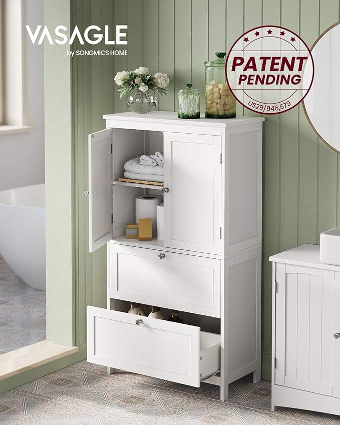 VASAGLE Floor Storage Cabinet, Freestanding Storage Unit with 2 Drawers and 2 Doors, Adjustable Shelf, 11.8 x 23.6 x 43.3 Inches, for Entryway, Bathroom, White UBBC551P31