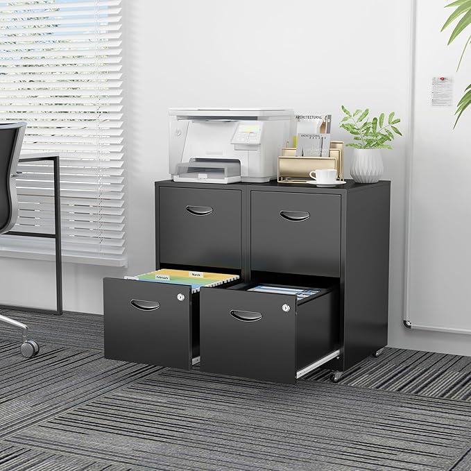 SteeLoong 2 Drawer File Cabinet with Lock，Black Rolling File Cabinet for Home Office, Metal Small Mobile Filing Cabinets on Wheels for Hanging Letter