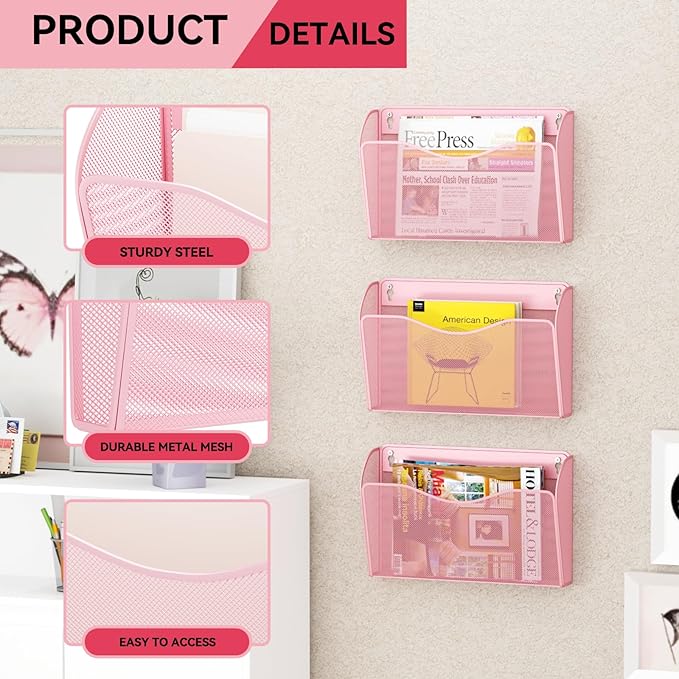 GDINDINFAN 3 Single Pocket Wall File Holder, Mesh Hanging File Folder Paper Organizer, Vertical Wall Mounted Mail Basket, Storage Organization Magazine Rack for Office, Home and School, Pink
