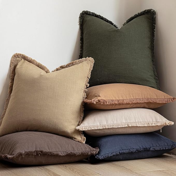 Foindtower Set of 2 Decorative Linen Fringe Lumbar Throw Pillow Covers Farmhouse Cushion Cover with Tassels Accent Pillowcase for Couch Sofa Bed Living Room Home Decor,12×20 Inch,Light Khaki Taupe