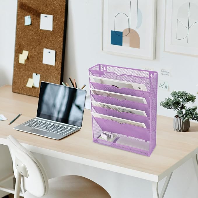 EASEPRES 6 Tier Mesh Hanging Wall File Organizer, Desk Vertical Mail Paper Document Folder Holder Rack with Bottom Tray and Nametag Label for Office Home School, Light Purple