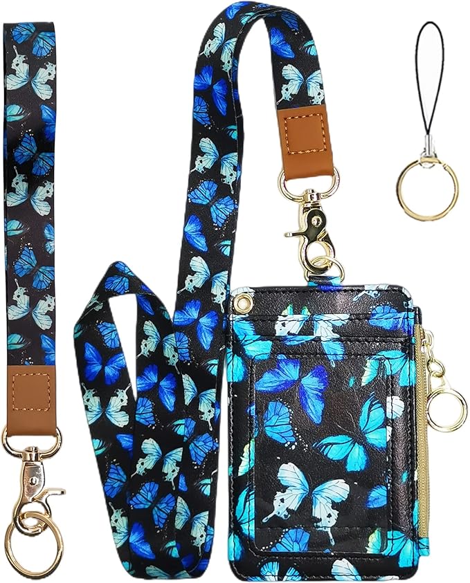 Cute Id Badge Holder with Lanyard,Blue Butterfly Teacher Lanyards for Id Badges and Keys,Identity Id Badge Holder Case, Nurse Doctor Office School Teacher Name Credit Card Pocket
