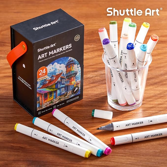 Shuttle Art Brush Tip Alcohol Markers, Dual Tip Brush & Fine Tip Art Marker Set, 24 Colors Marker Pens with Case Perfect for Illustration Kids Students Adults Coloring Sketching