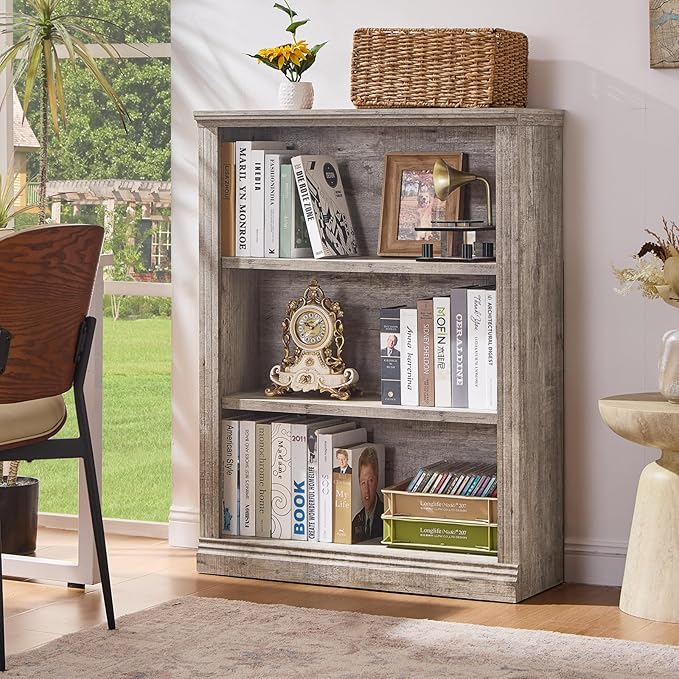 RWYHG 43" Grey Tall Bookshelf Set of 4,3-Tier Thick Wooden Book Shelf with Adjustable Shelves,Free Standing Farmhouse Bookcase with Open Display Storage,Floor Vintage Bookshelves for Living Room