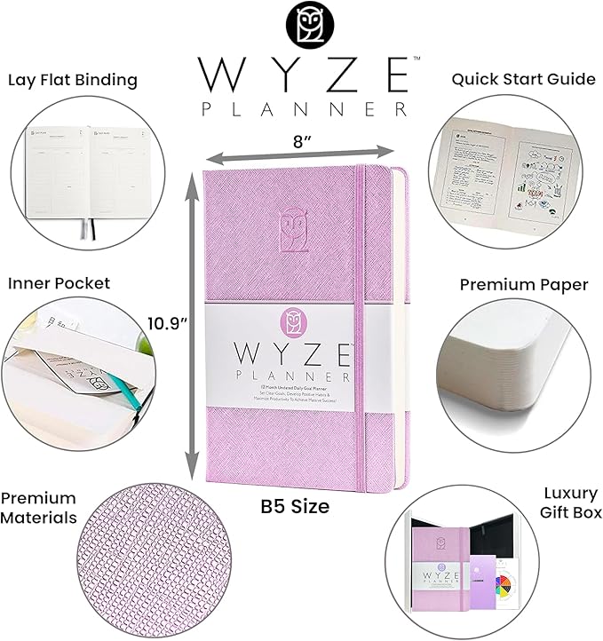 Wyze Planner Undated Daily Planner – 1-Year B5 Productivity Organizer with Two-Page Weekly Spread, Goal Setting, Habit Tracker, Weekly & Monthly Pages – Hardcover Time Management Notebook (Lilac)