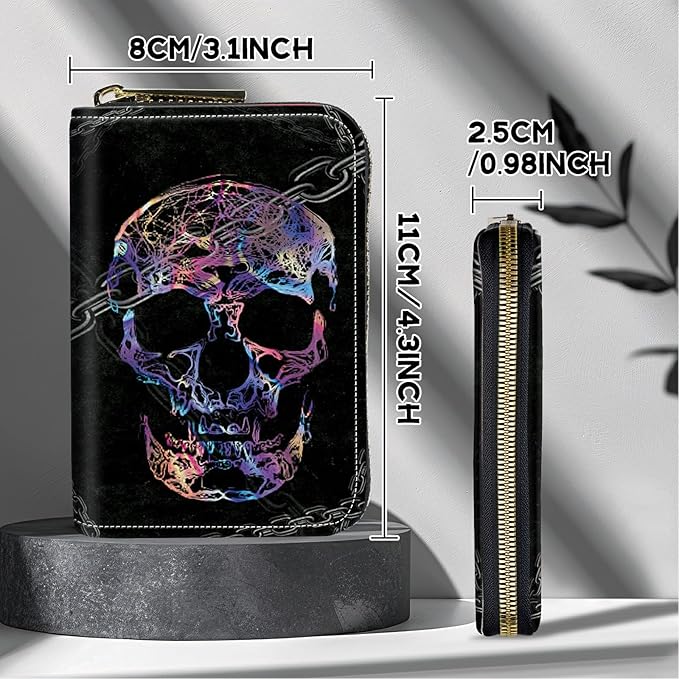 BWEGRHE Cute Credit Card Holder with Zipper, Shackle Skull RFID-Blocking Card Case Small Wallet for Women Men, Multi-slot Card Organizer Case Travel Accordion Wallet