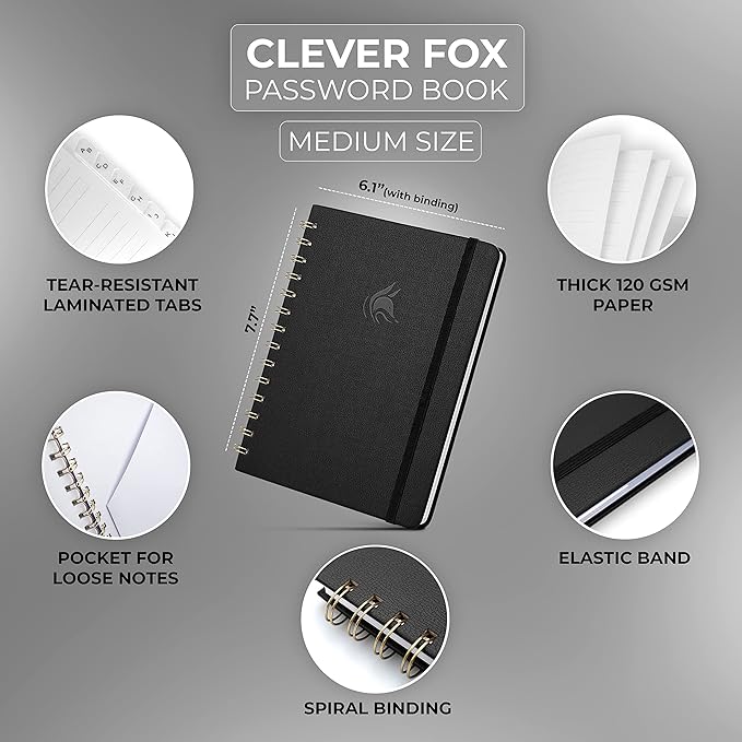 Clever Fox Password Book Spiral – Internet Address & Password Organizer with Laminated Alphabetical Tabs – Password Keeper Journal – Hardcover, Medium Size, 6.1x7.7” (Black)