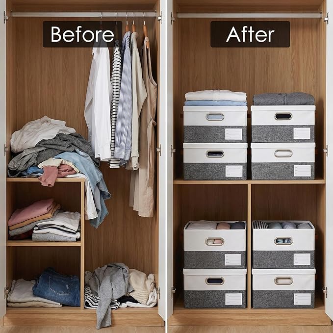 PRANDOM Storage Bins with Lids [3-Pack] Linen Fabric Foldable Storage Boxes Organizer Containers Baskets Cube with Cover for Bedroom Closet Office Grey&White（11.4X8.6X6.7