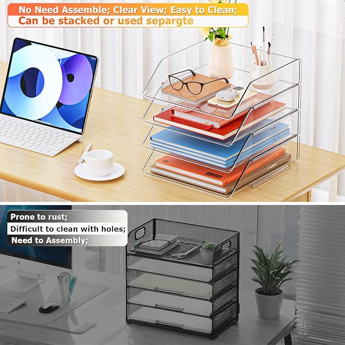 YKLSLH Simple 4 Tier Paper Organizer Letter Tray - Acrylic Stackable Desk File Organizer, Clear Paper Sorter Office Organizer for Letter/A4, Office File Ipad Books Notes Etc