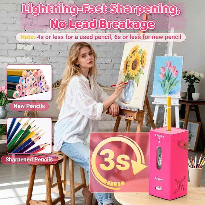AFMAT Electric Pencil Sharpener, Fully Automatic Pencil Sharpener, Auto in & Out, Rechargeable Hands-Free Sharpeners for Jumbo & Colored Pencils (6.5-12mm), Portable for Home/Classroom/Office PSC6