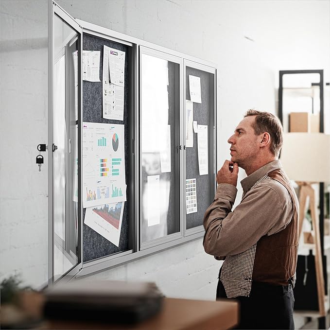 72"x36" Lockable Enclosed Bulletin Board, Outdoor Flet Weather-Resistant Aluminum Frame Notice Board, Wall Mounted Display Case Acrylic Doors for School,Office,Silver Frame w/Grey Flet