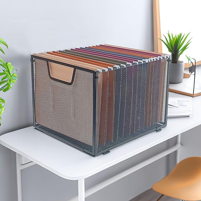 SREGGSIY Metal Mesh Hanging File Organizer, Office/School/Home File Crate,13.8 x 12 x 10 inches,Black