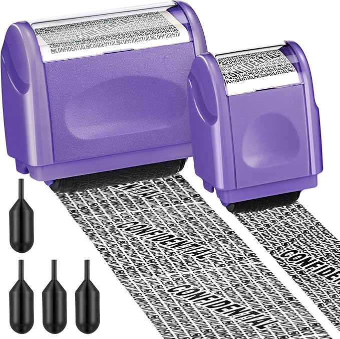 Nezyo 2 Pack Identity Protection Roller Stamp Identity Theft, Confidential, Privacy Roller Stamp Information Blocker and 4 Pack Refill Ink for ID Account Data Address Security(Purple)