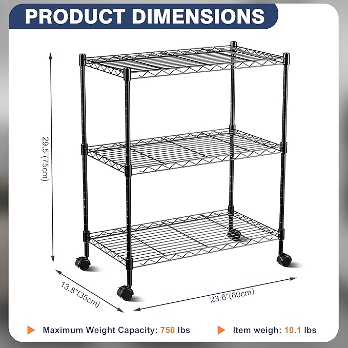 VANZBON 3-Tier Wire Shelf Rack,24" Dx14 Wx 30" H,Wire Metal Shelving with Lockable Wheels,Height Adjustable Storage Standing Shelves for Kitchen,Living Room,Laundry,Office,Pantry,Studio,Black