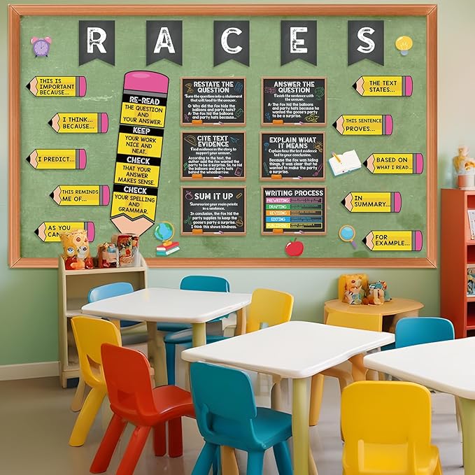 Pasimy Races Writing Strategy Bulletin Board Set Writing Process Posters for Classroom Decorations Races Alphabet Pencil with Sentences Poster Bulletin Board Cutouts Elementary Middle School(Black)