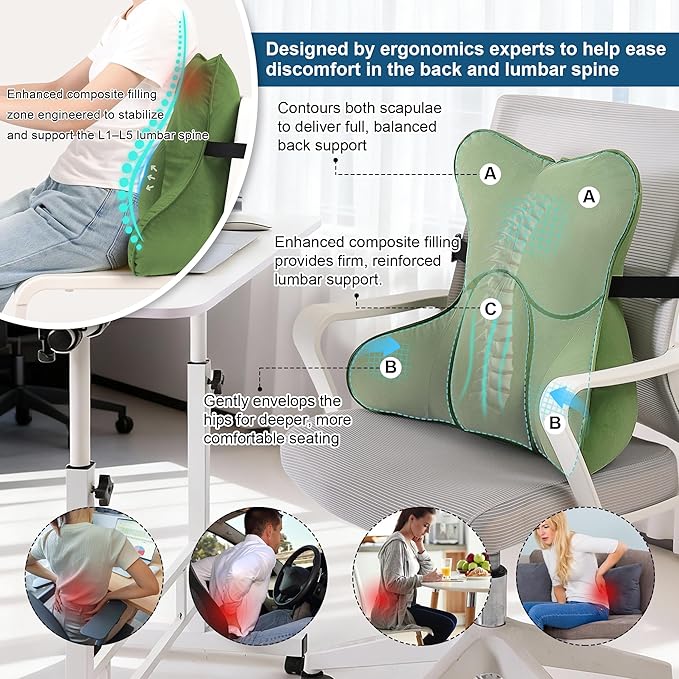 Ailuteie Lumbar Support Pillow(Pat. Pend) for Lower Back Pain Relief – Multi-Functional Ergonomic Lumbar Cushion, Reading Pillow for Office Chair, Car Seat & Sofa,Olive Green