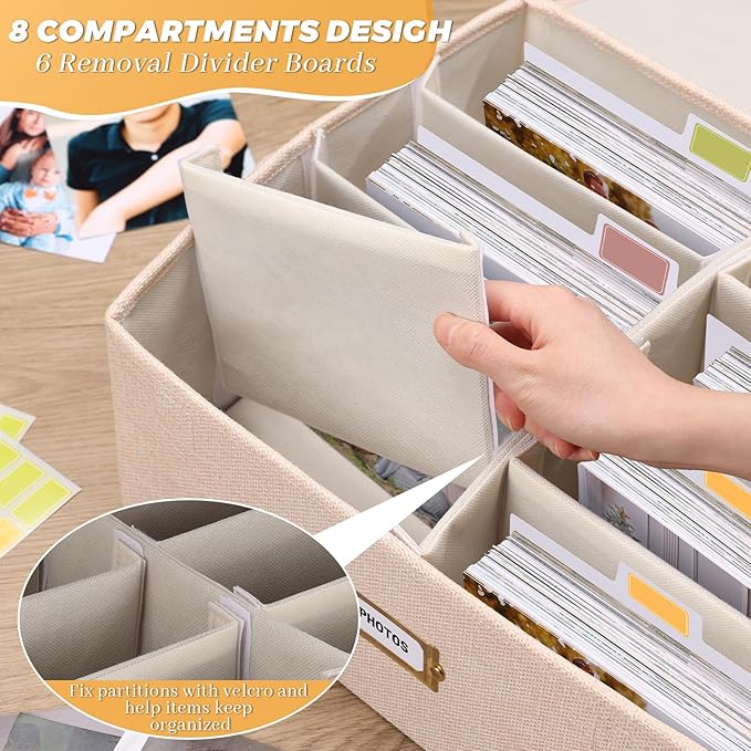 Erogeen Decorative Photo Storage Box with lid 4x6, 8 Inner Photo Organizer with Dividers, Memory Storage Box for Pictures, Stamps, Keepsakes (Beige)