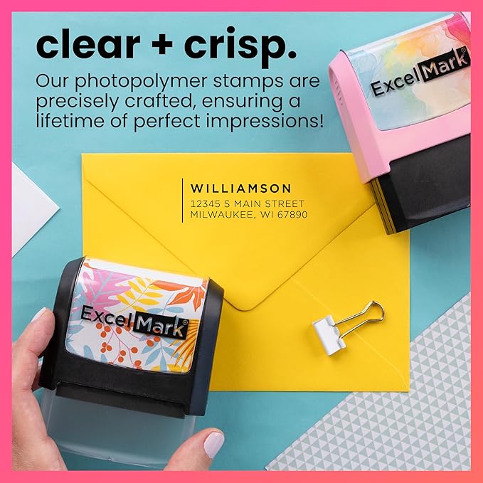 ExcelMark Address Stamp - Custom Return Address Stamp with Elegant Designs, Vibrant Colors & Patterns – Perfect for Mail, Invitations & Gifts (Black Mount, Modern Line)