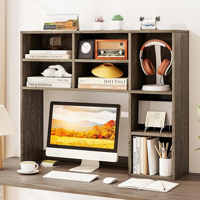 Tangkula Desktop Bookshelf, 37" Countertop Storage Hutch with 7 Cubes & 3 Adjustable Shelves, 3-Tier Desk Display Rack Organizer, Multipurpose Wood Desktop Hutch for Dorm Home Office (Grey)