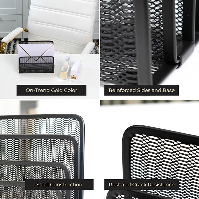 BLU MONACO Black Metal Mesh Letter Sorter | 3-Slot Mail Organizer for Desk, Office & Home | Vertical File & Envelope Holder with Non-Slip Base | Space-Saving Desktop Mail Organizer