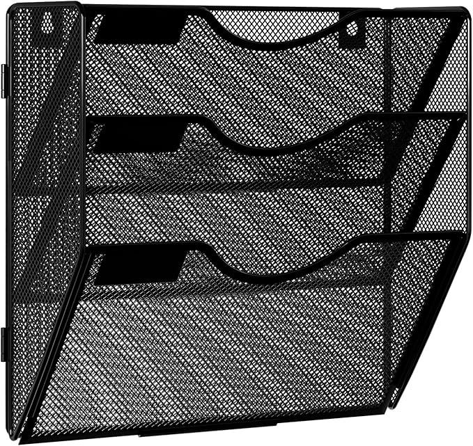 Solinxe Wall Hanging File Holder 3 Tier Wall Mounted Paper Organizer Magazine File Holder Storage Organizer, Black